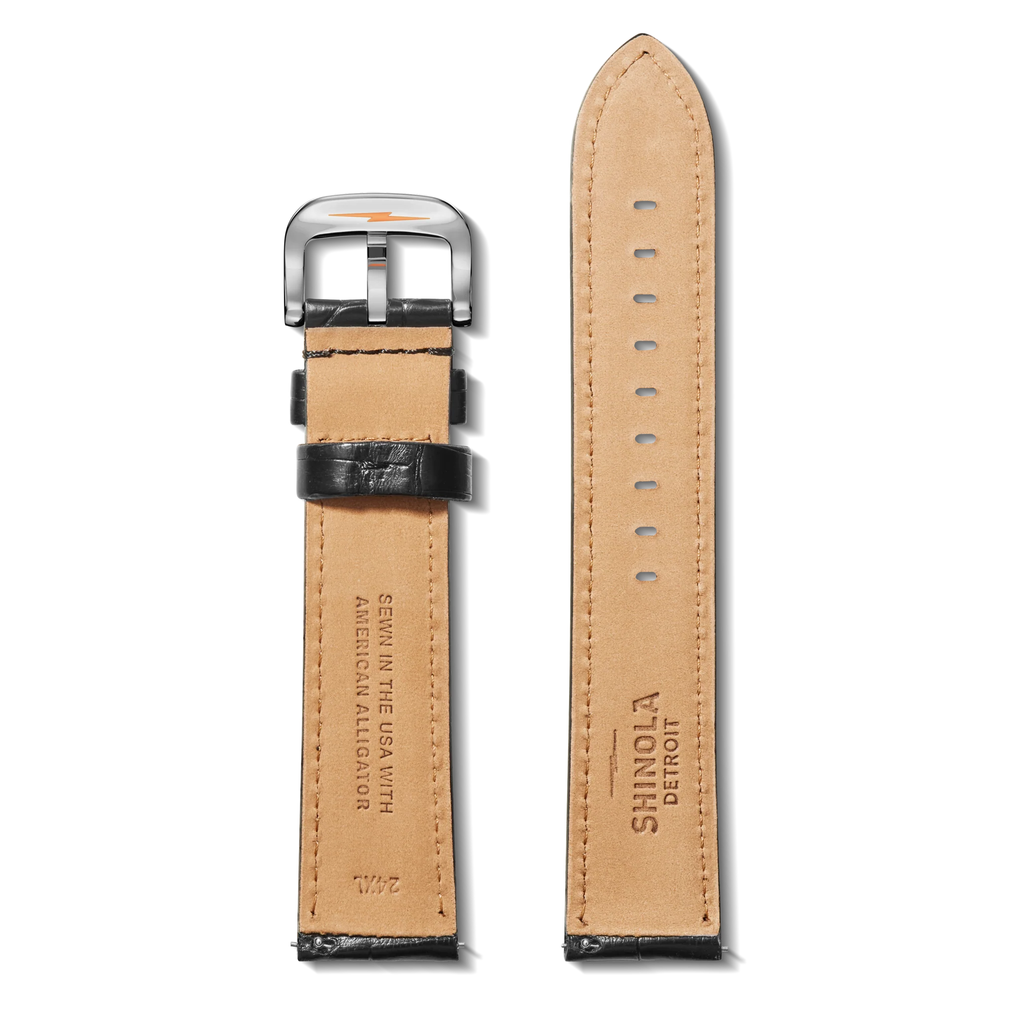 24mm Black Alligator Leather Watch Strap (Long) - Black - Image 2