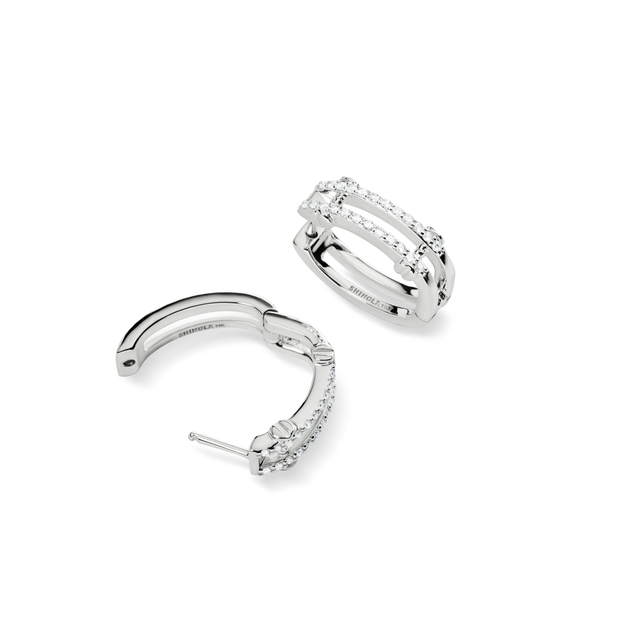 Diamond Pave Rivet Double Row Hoop Earrings - White Gold - Image 4