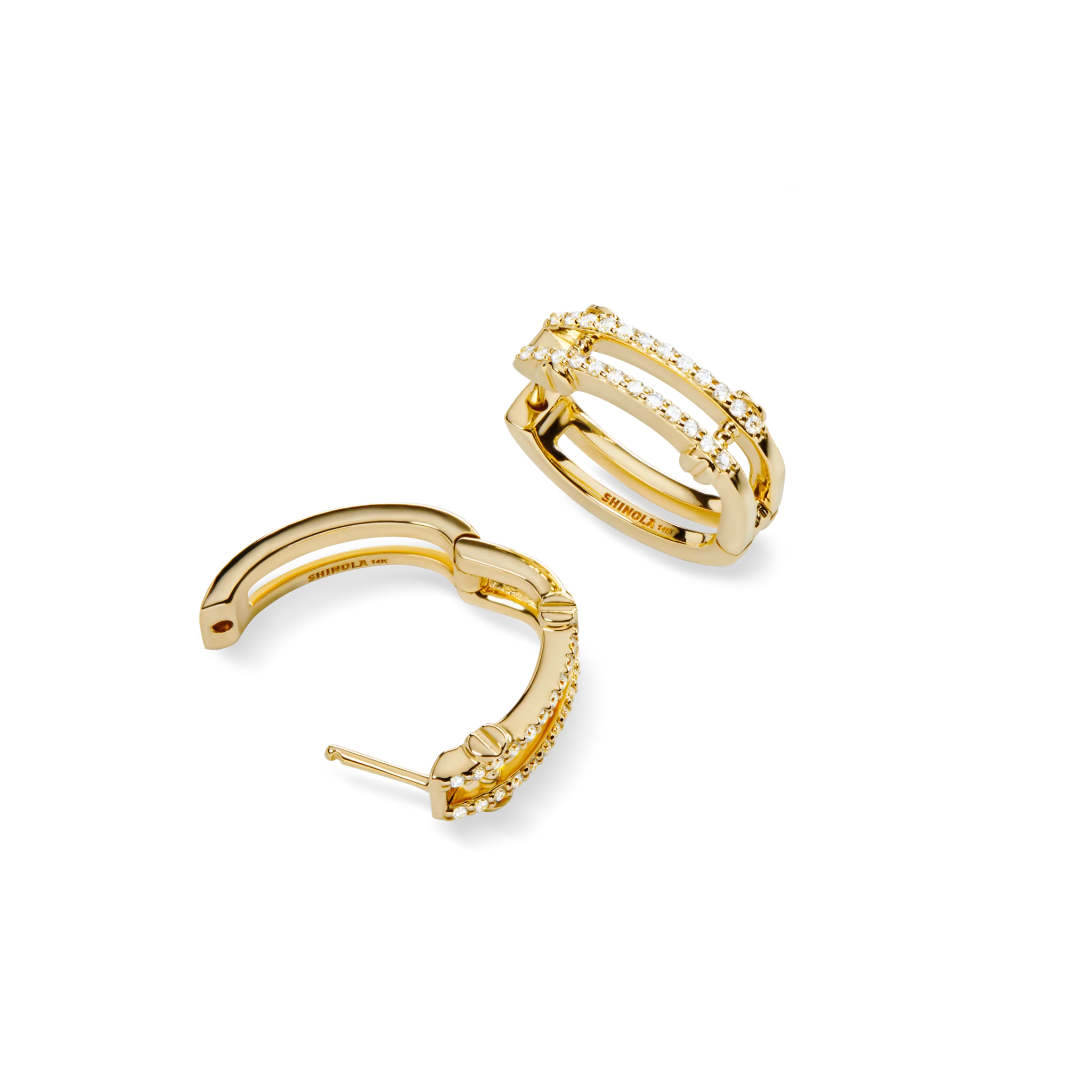 Diamond Pave Rivet Double Row Hoop Earrings - Yellow Gold - Image 4